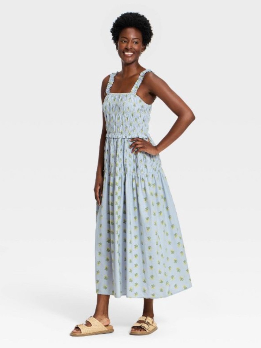 Universal Thread Blue Floral Maxi Dress with Smocked Bodice